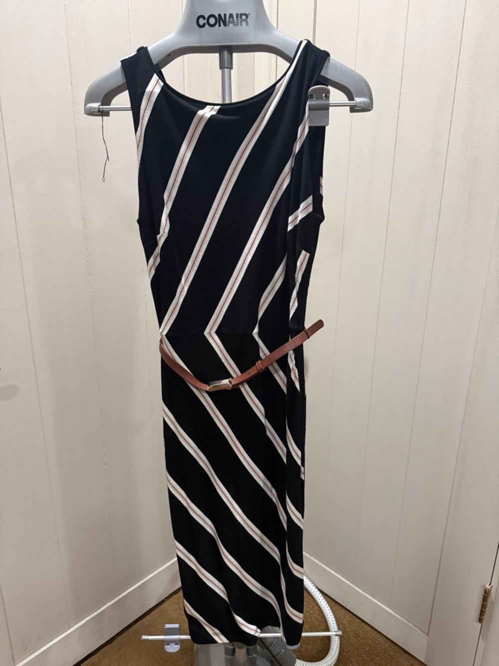 White House Black Market Black Midi Dress with Cream and Tan Stripes